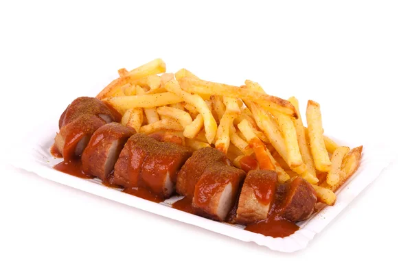 Curried sausage and chips