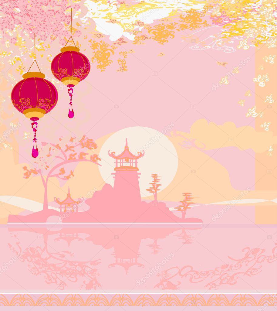 Old Paper With Asian Landscape And Chinese Lanterns Vintage Japanese Style Background — Stock
