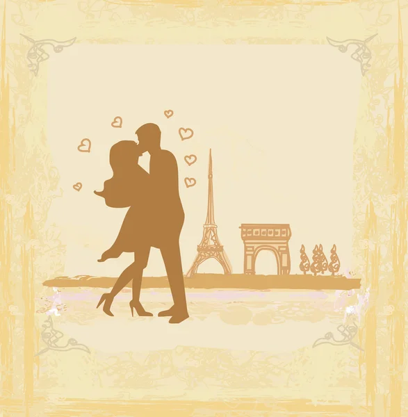 Romantic couple in Paris kissing near the Eiffel Tower Retro card