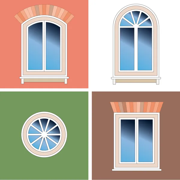 Four classical types of arched windows with brick brattice over stucco background