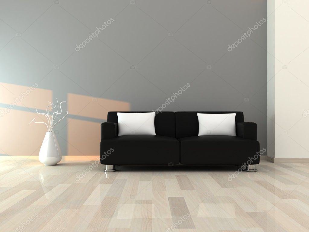 Interieur van de moderne kamer, grijs muur en zwarte bank ...