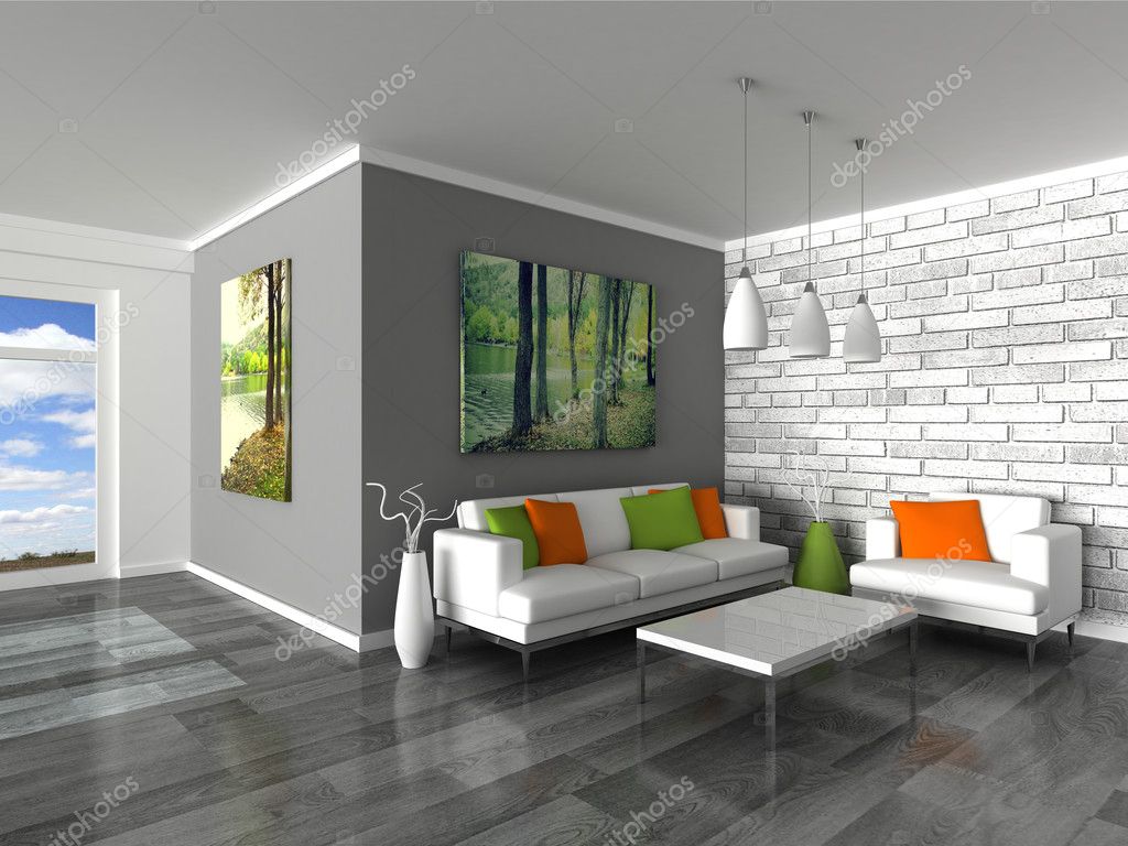 Interieur van de moderne kamer, grijs muur en witte banken ...