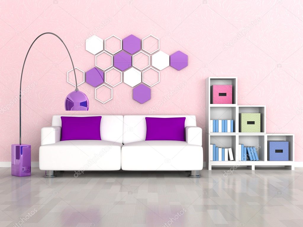 Intérieur de chambre moderne, mur rose, canapé blanc ...