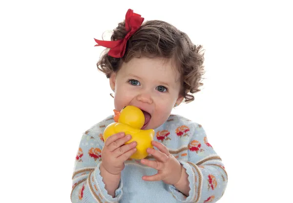 Beautiful blueeyed baby sucking a rubber duck isolated by Jos Manuel Gelpi