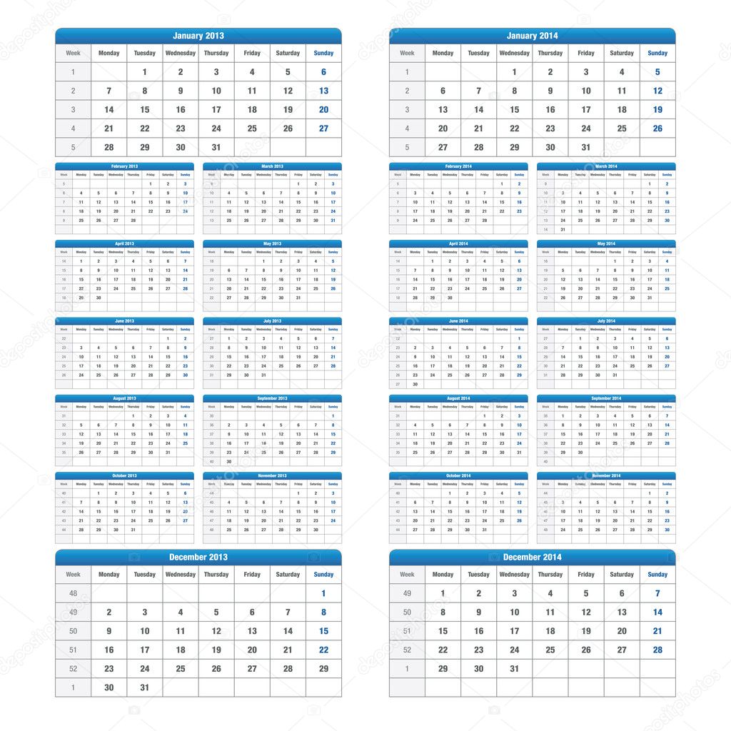 Carefully designed calendar for 2013 and 2014 isolated on feathered