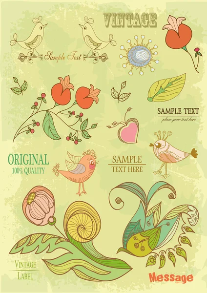 Hand Drawn floral ornaments with flowers and birds | Love elements | Engraving tree and flowers for spring and summer design | Vintage Labels