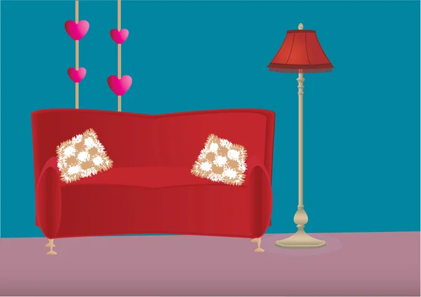 Vector illustration of lamp on the flour near the sofa with pillows