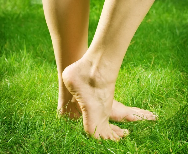 Woman\'s bare feet in green grass