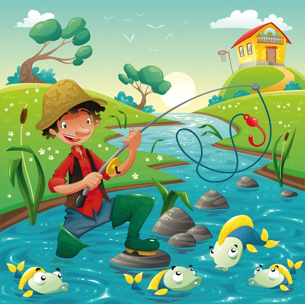 Cartoon scene with fisherman and fish.