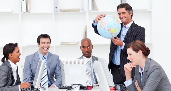 A meeting of a lucky business team about globalization
