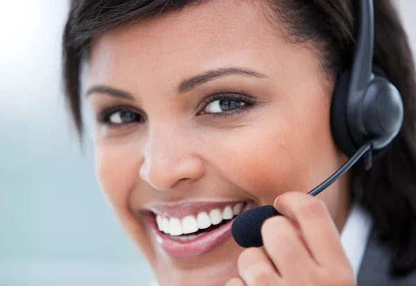 Close-up of a female customer agent at work