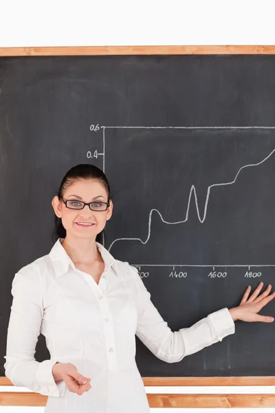 Dark-haired teacher explaining charts to students
