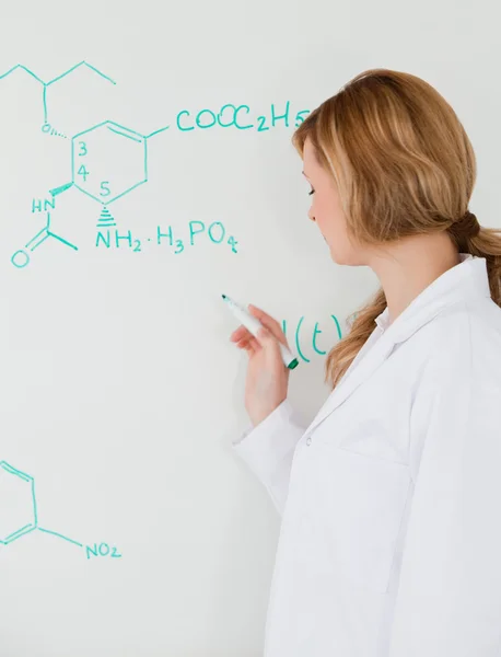 Cute female scientist writing a formula on a white board