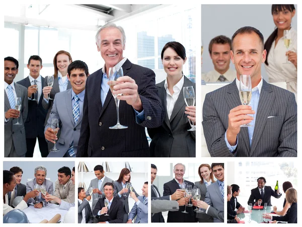 Collage of business celebrating success with champagne