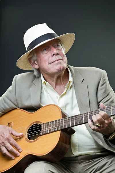 Senior man with accoustic guitar wearing suit hat and sunglasses.