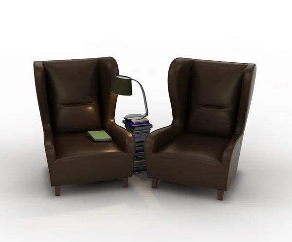 Two lounge chairs with a stack of books and a desk lamp