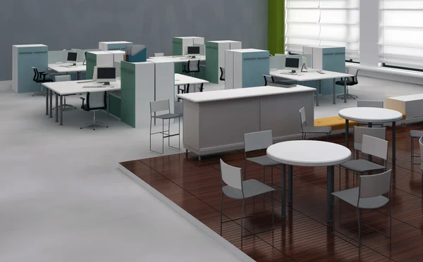 Interior open space office with system office desks and lounge area