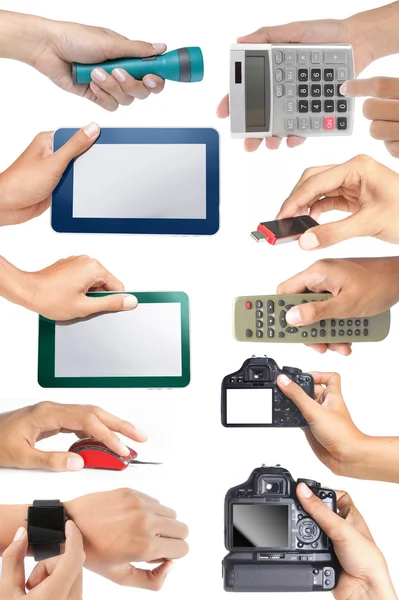 Set of hand holding electronic devices