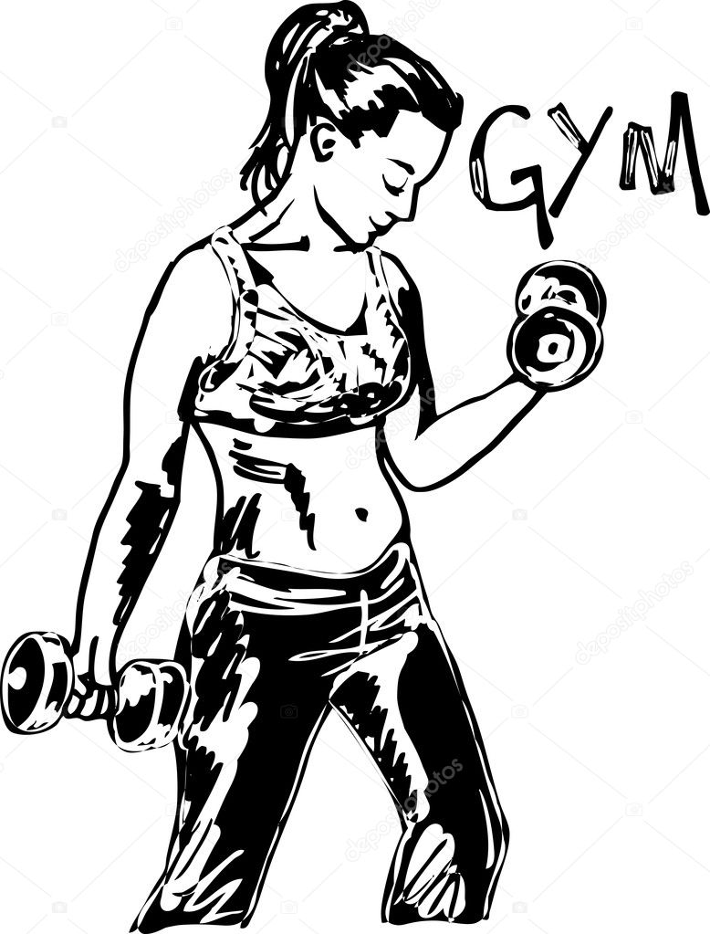 Sketch of a woman working out at the gym with dumbbell weights. — Stock