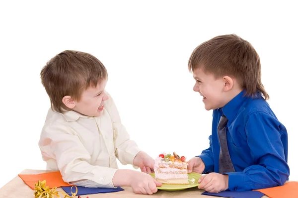 Два мальчика с тортом — стоковое фото