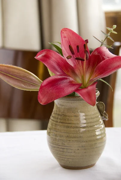 Красная Лили в керамической вазе ручной работы — стоковое фото