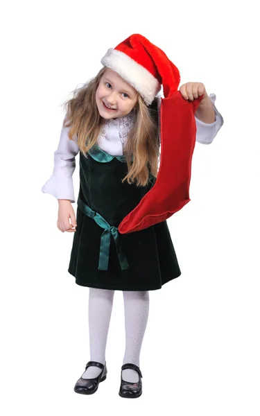 Flicka med röd hatt och röd strumpa, isolerade — Stockfoto