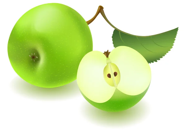 Зелене яблуко і скибочка з листям — стоковий вектор