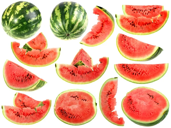Set of fresh slices and full a ripe watermelons — Stock Photo, Image