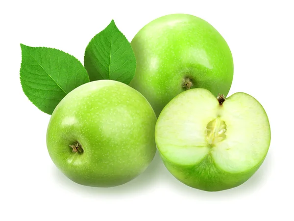 Heap of fresh green apples with green leaf — Stock Photo, Image