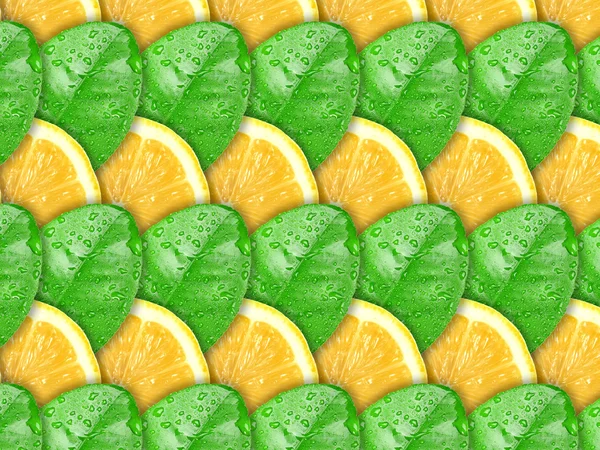 Achtergrond met citroen segmenten en groen blad — Stockfoto