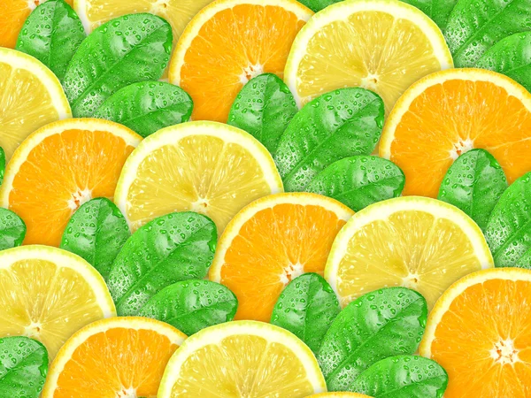 Bbstract achtergrond van sinaasappel en citroen met groen blad — Stockfoto