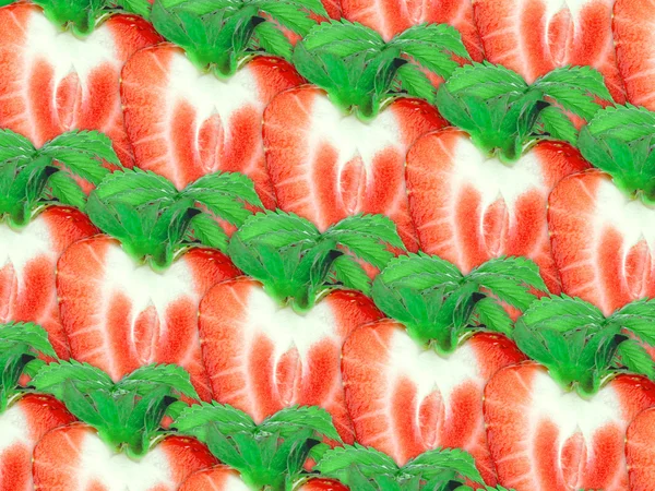Background of strawberry slices and green leaf — Stock Photo, Image