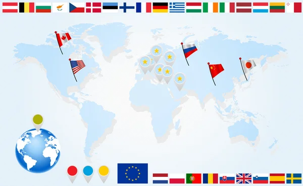 Set Flags of EU countries on world map — Stock Vector