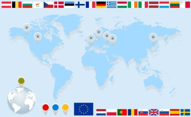 Infographics. World map, flags of EU countries and pointers. clipart