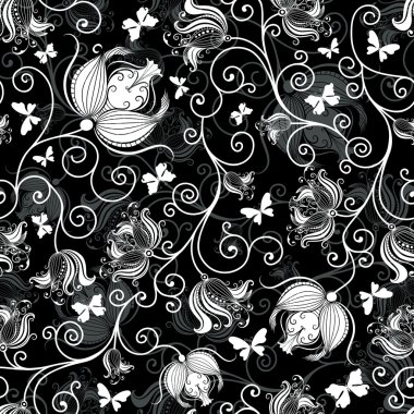 Seamless black-white floral pattern clipart