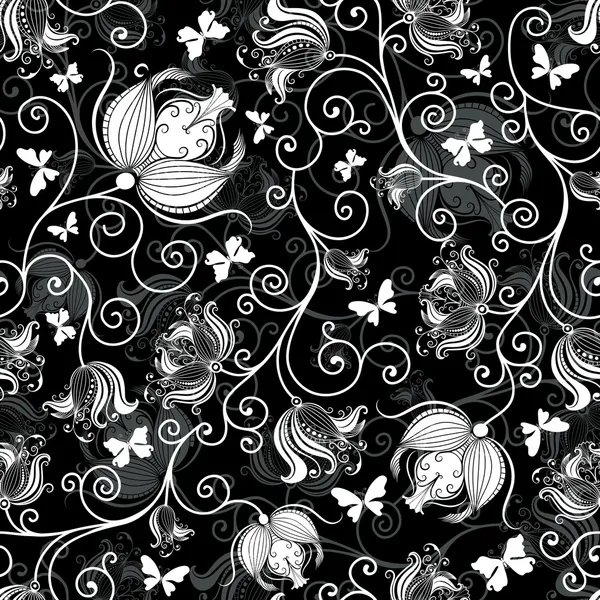 Padrão floral preto-branco sem costura — Vetor de Stock