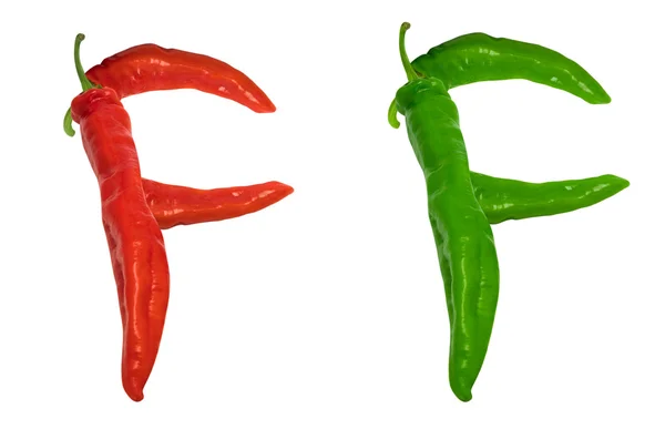 Brief f samengesteld van groene en rode chilipepertjes — Stockfoto
