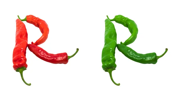 Alfabet r samengesteld van groene en rode chilipepertjes — Stockfoto