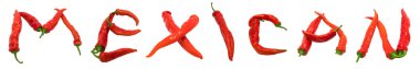 MEXICAN text composed of red chili peppers clipart