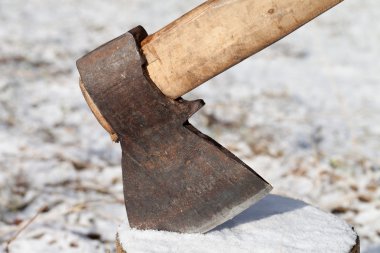 Axe in stump. Close-up view clipart