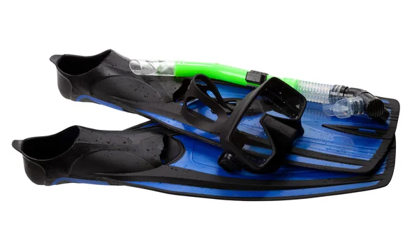 Mask, snorkel and flippers with water drops — Stock Photo, Image