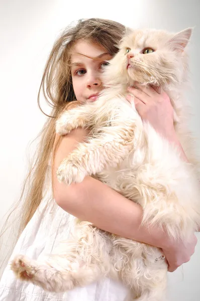 Дитина з персидський кіт — стокове фото