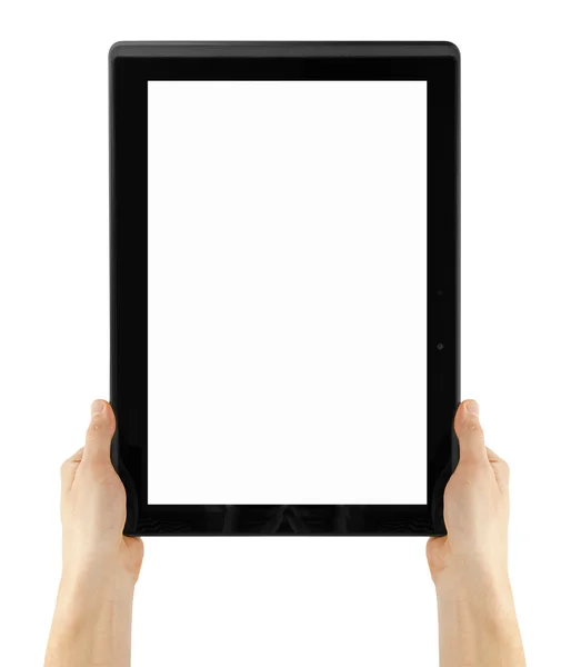 흰색 배경에 손으로 분리 된 태블릿 컴퓨터 — 스톡 사진