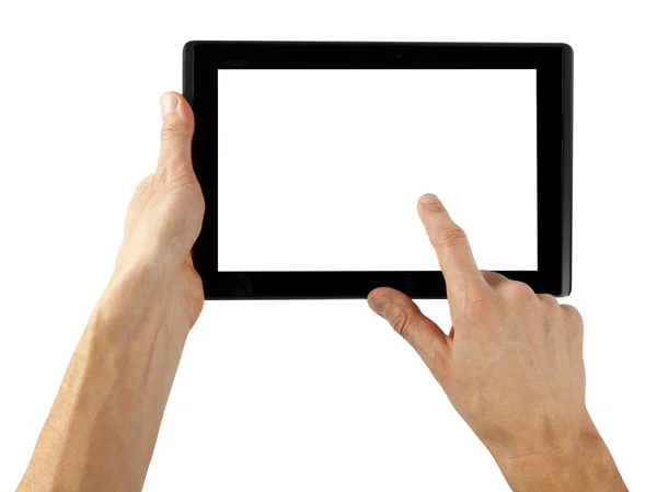 Tablet computer geïsoleerd in een hand op de witte achtergrond — Stockfoto