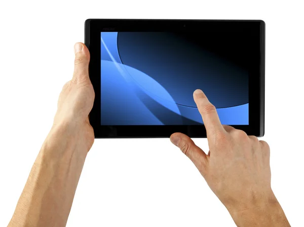 Tabletta számítógép izolált egy kézzel a fehér hátterű — Stock Fotó