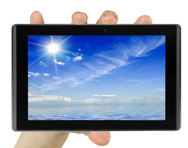 stock image Tablet computer isolated in a hand on the white backgrounds