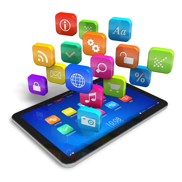 Tablet pc com nuvem de ícones de aplicativos — Fotografia de Stock
