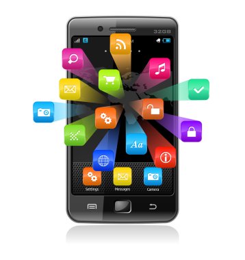 Touchscreen smartphone with application icons clipart
