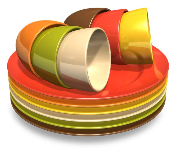 Sada barevných porcelánové talíře a skleničky — Stock fotografie