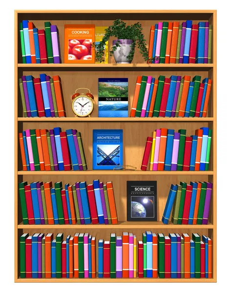 Houten boekenkast met veel kleurenboeken — Stockfoto